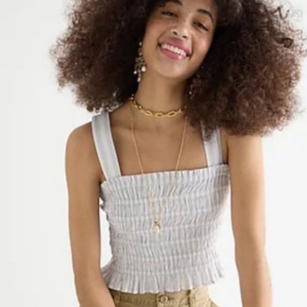 NWT J Crew gray white striped smocked crop top sz XS
